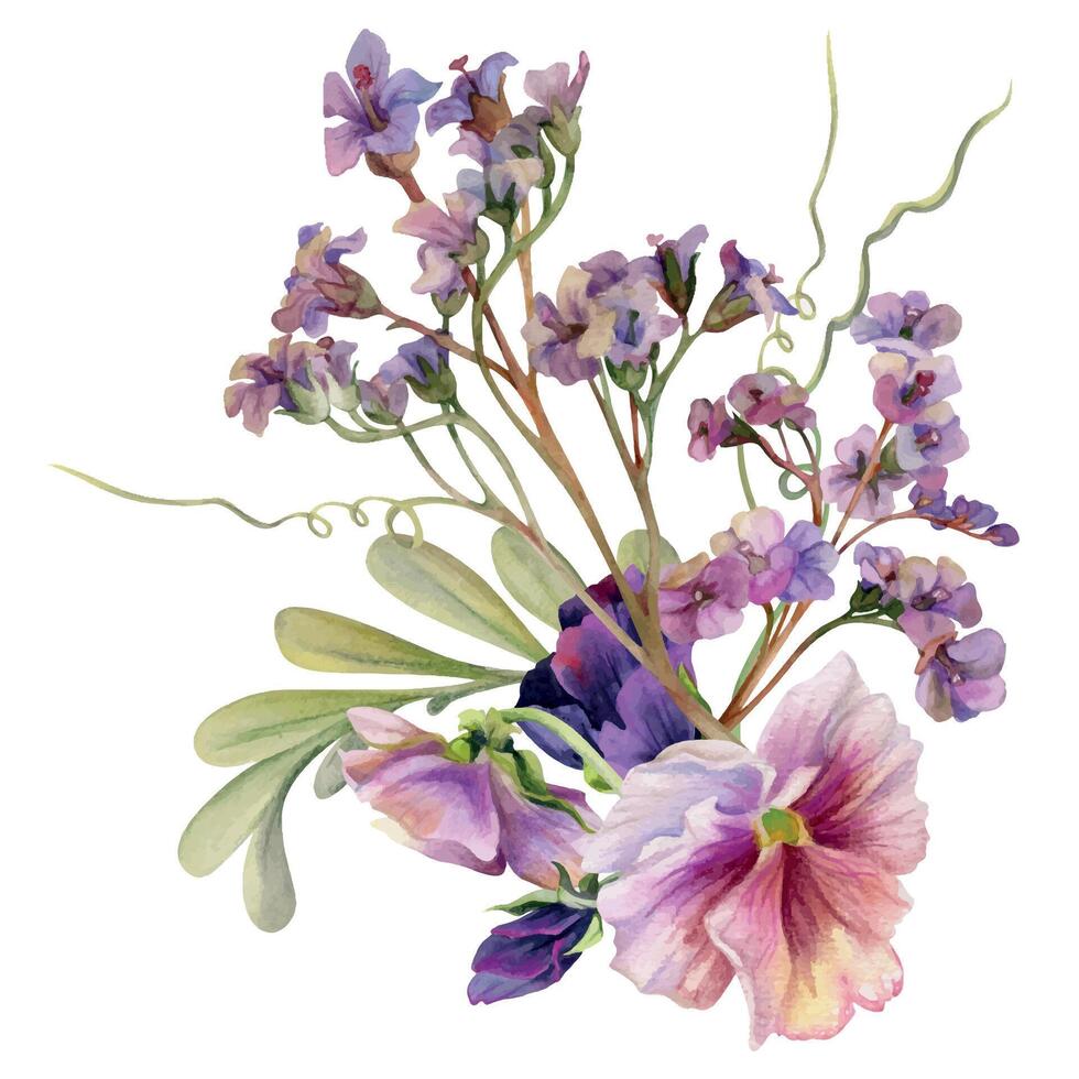 Hand gezeichnet Aquarell Illustration botanisch Blumen Blätter. mauve Stiefmütterchen Viola violett, Weide Eukalyptus Zweig, Bergenia Heliotrop Lungenkraut, Ranken. Strauß isoliert Weiß. Design Hochzeit, Karten vektor