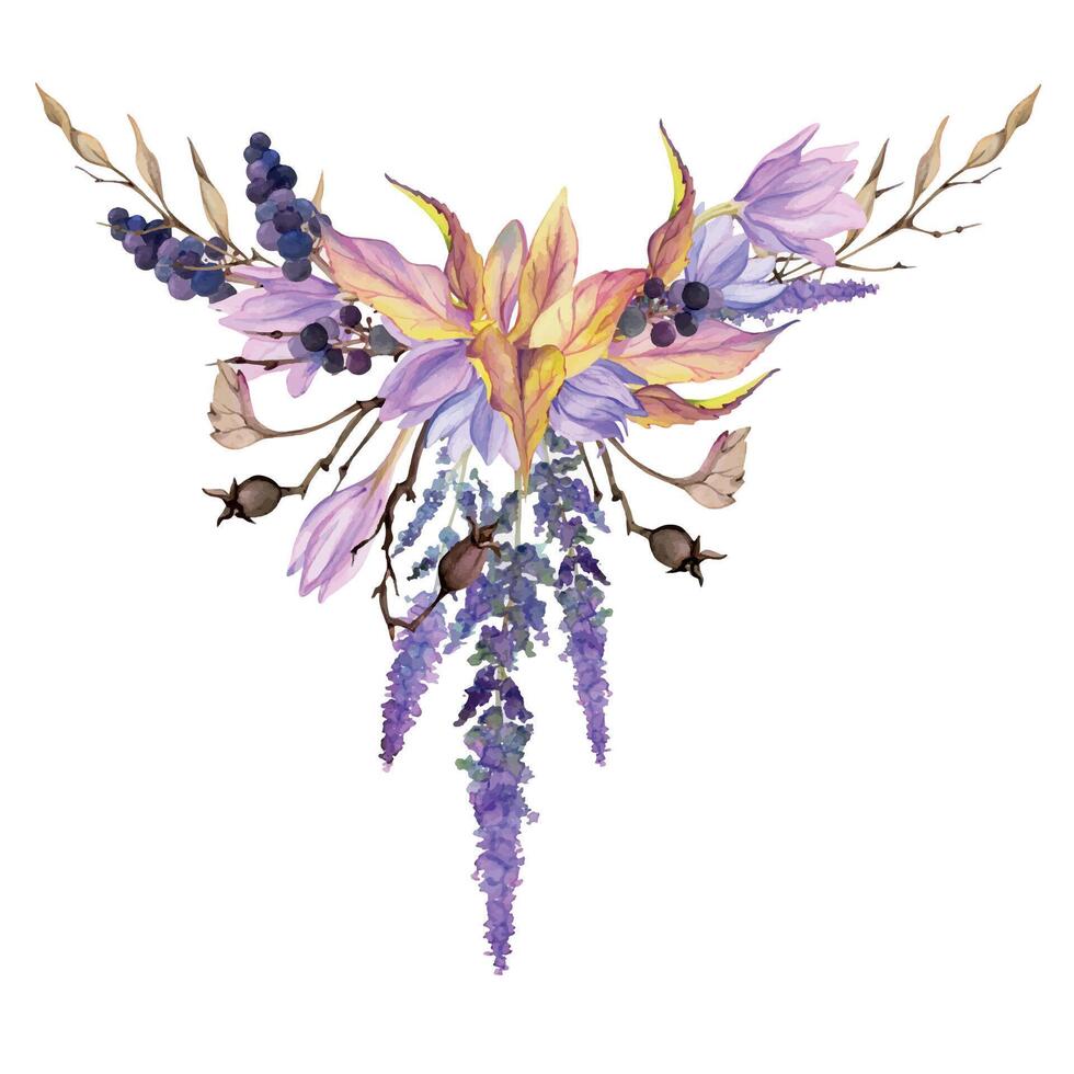 hand dragen vattenfärg illustration sjaskig boho botanisk blommor löv. krokus saffran svart bär höst reste sig höft. sammansättning isolerat på vit bakgrund. design bröllop, blommig affär, gåva kort vektor