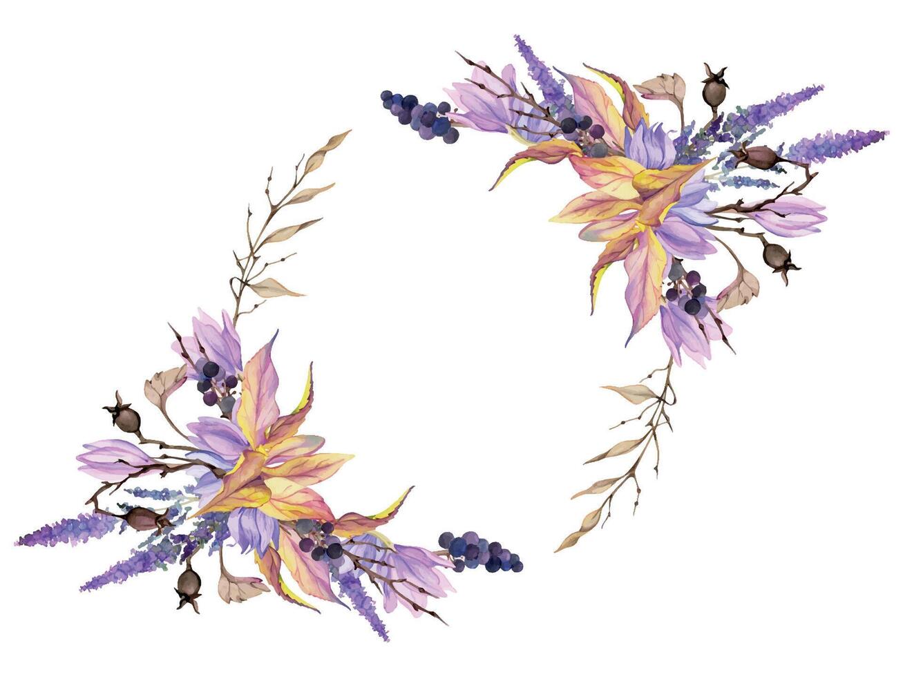 hand dragen vattenfärg illustration sjaskig boho botanisk blommor löv. krokus saffran reste sig höft veronica lavendel- bär. krans ram isolerat på vit bakgrund. design bröllop, gåva kärlek kort vektor