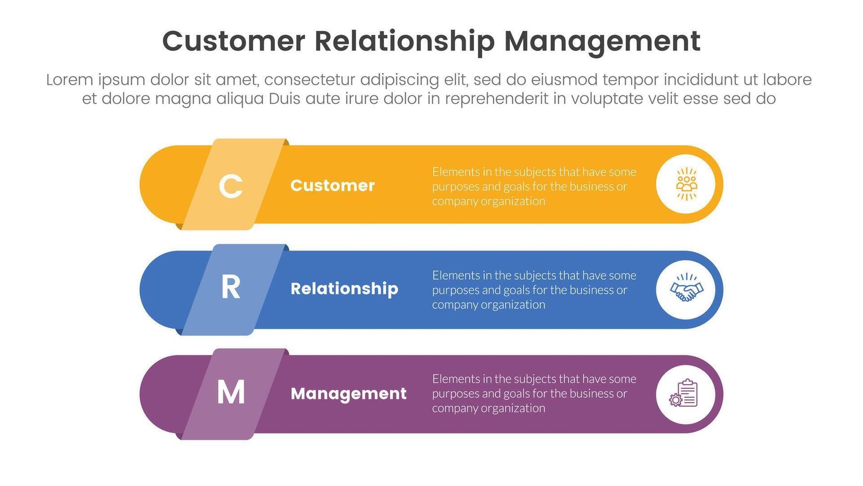 crm kund relation förvaltning infographic 3 punkt skede mall med lång runda rektangel form stack för glida presentation vektor