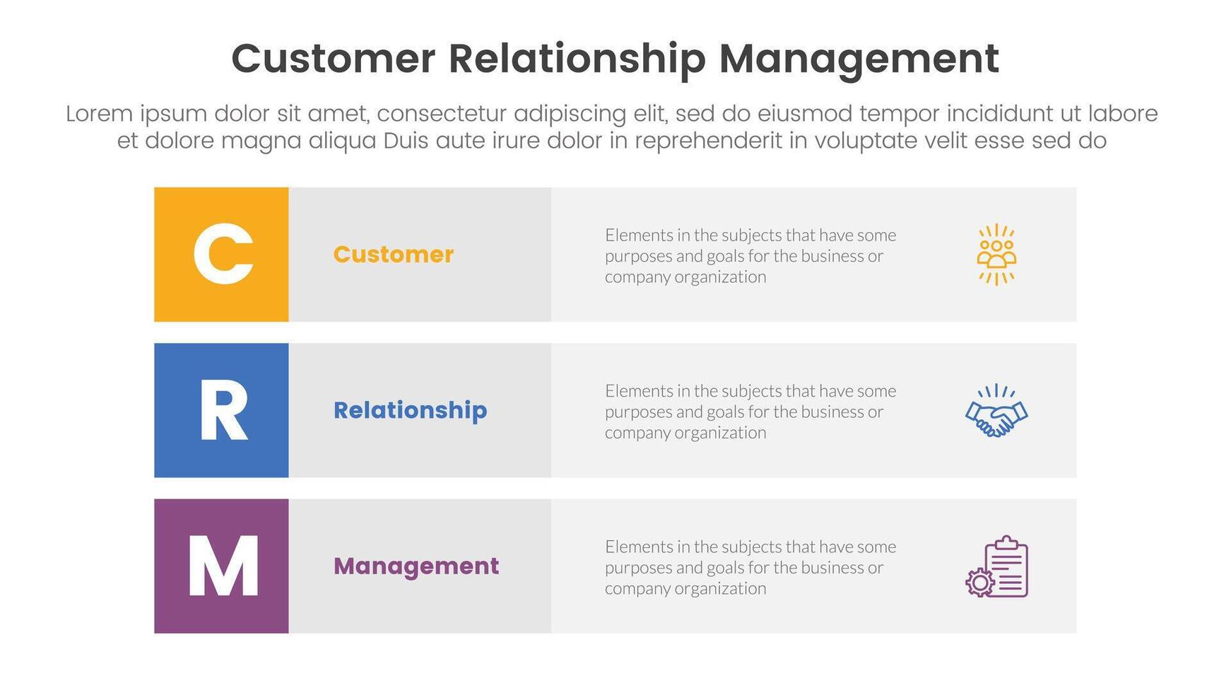 crm kund relation förvaltning infographic 3 punkt skede mall med 3 blockera rad rektangel innehåll stack för glida presentation vektor