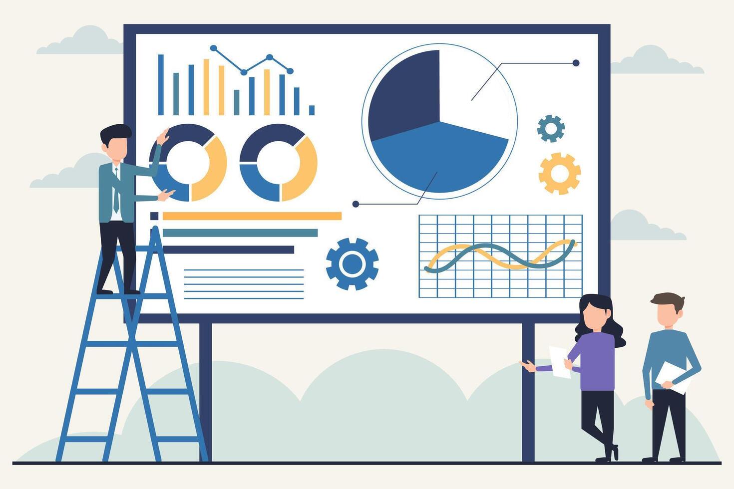 Geschäftsmann und Geschäftsfrau Stehen auf Leiter in der Nähe von Whiteboard mit Infografiken. Zusammenarbeit und Brainstorming Konzept. Design Illustration im eben Stil vektor