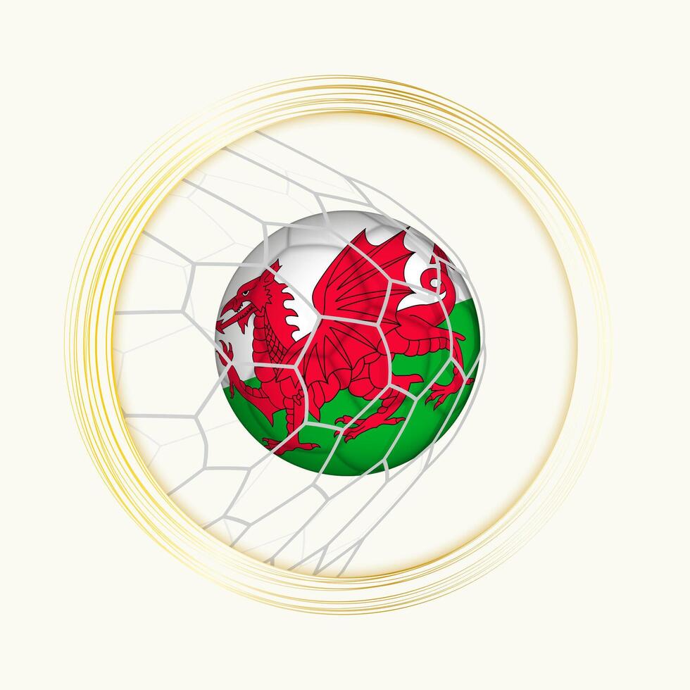 Wales Wertung Ziel, abstrakt Fußball Symbol mit Illustration von Wales Ball im Fußball Netz. vektor