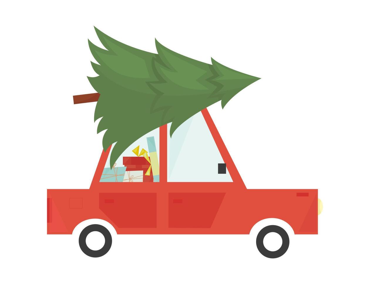 Weihnachten Auto liefern Weihnachten Baum und Geschenke. eben Karikatur bunt Illustration zum Gruß Karte und Neu Jahr Design vektor