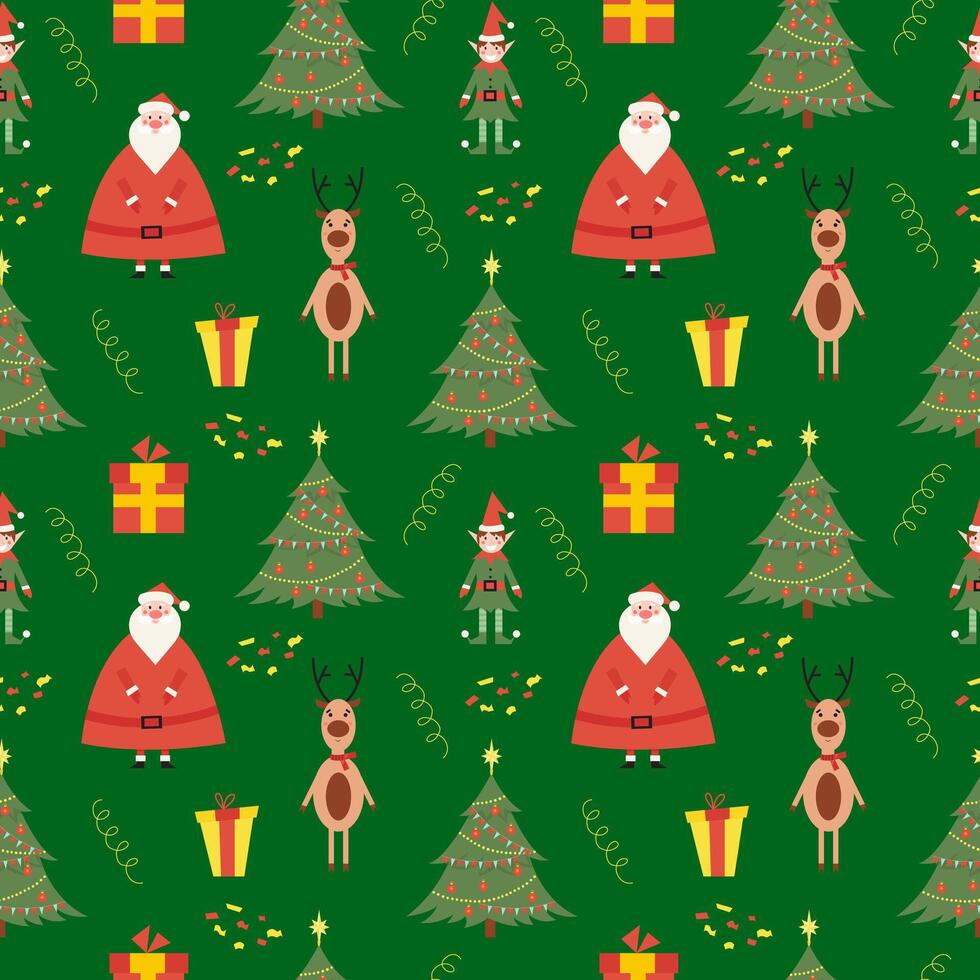 Weihnachten nahtlos bunt Muster mit süß Santa Klausel, wenig Elf, Baum und Reh, mit veränderbar Hintergrund Farbe. eben Illustration vektor