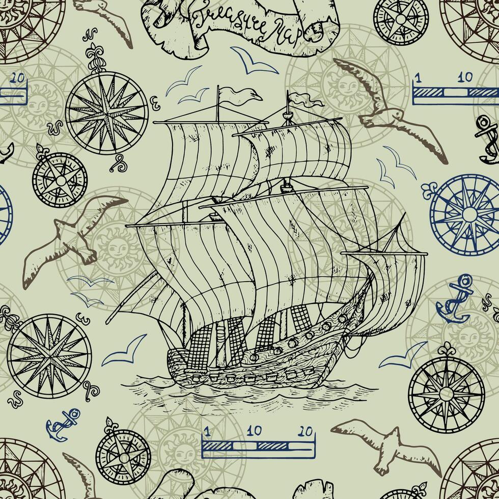 nahtlos Hintergrund mit Marine und nautisch Elemente, alt Schiffe, Kompass vektor