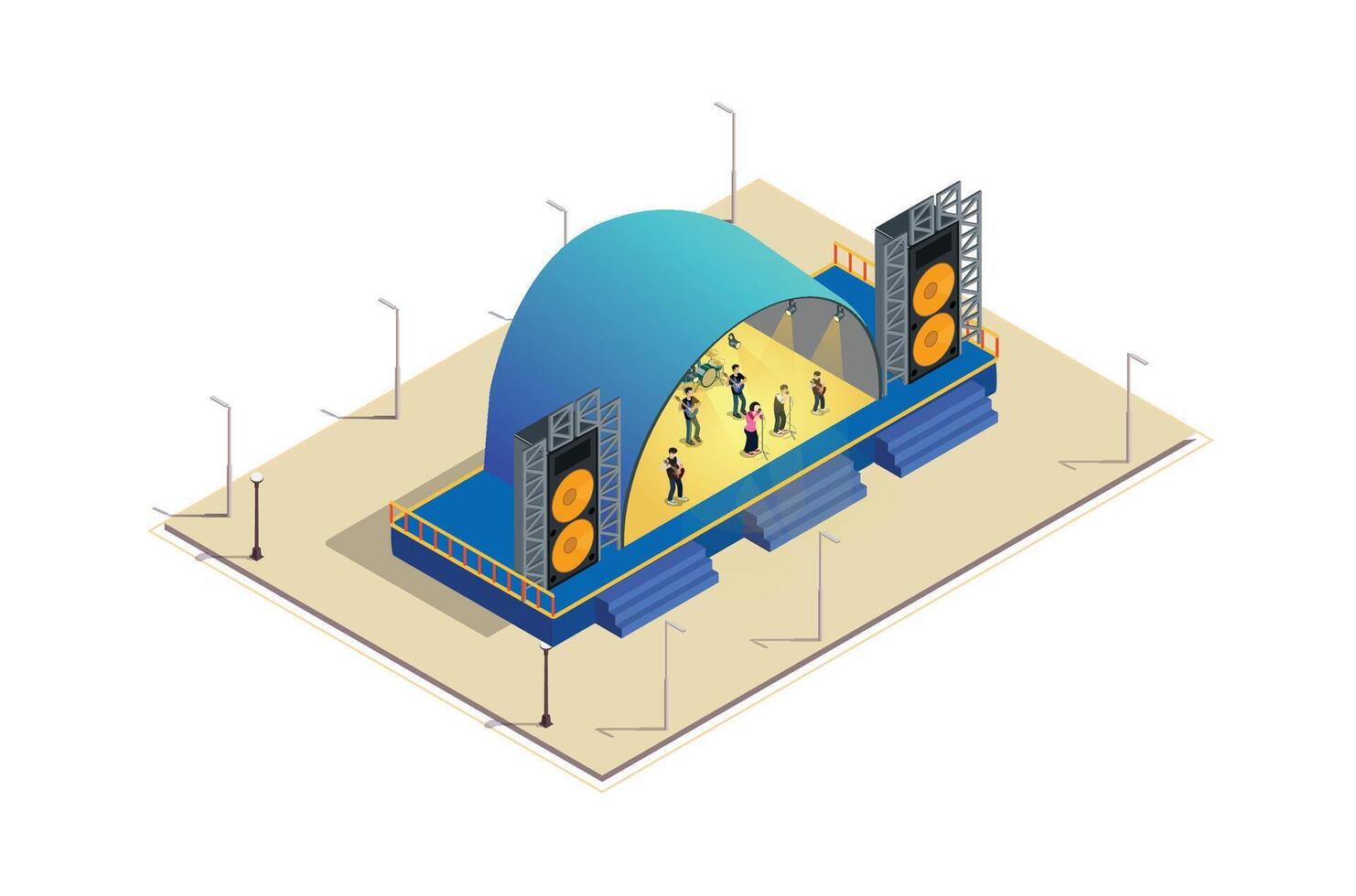 isometrisch Illustration von ein Musik- Veranstaltung Bühne, 3d Konzept isometrisch Aussicht von Konzert Party Hintergrund und Bühne Landschaft. vektor