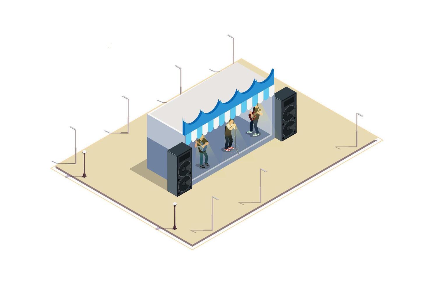 isometrisch Illustration von ein Musik- Veranstaltung Bühne, 3d Konzept isometrisch Aussicht von Konzert Party Hintergrund und Bühne Landschaft. vektor