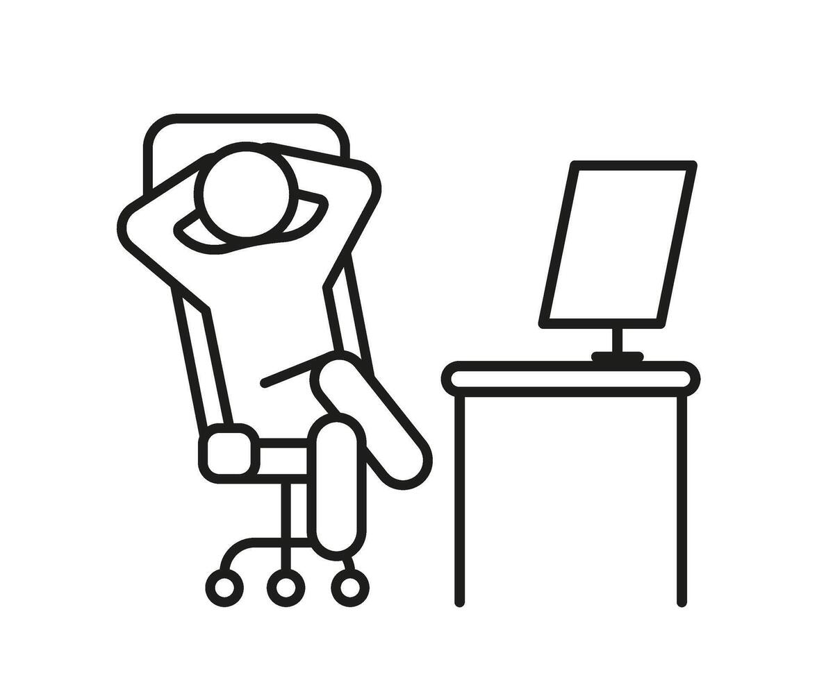 Person entspannen auf Arbeit Stuhl auf Computer, Linie Symbol. Mann sich ausruhen auf Arbeitsplatz, Ruhe auf Stuhl. faul müde Person, brechen Zeit. Illustration vektor