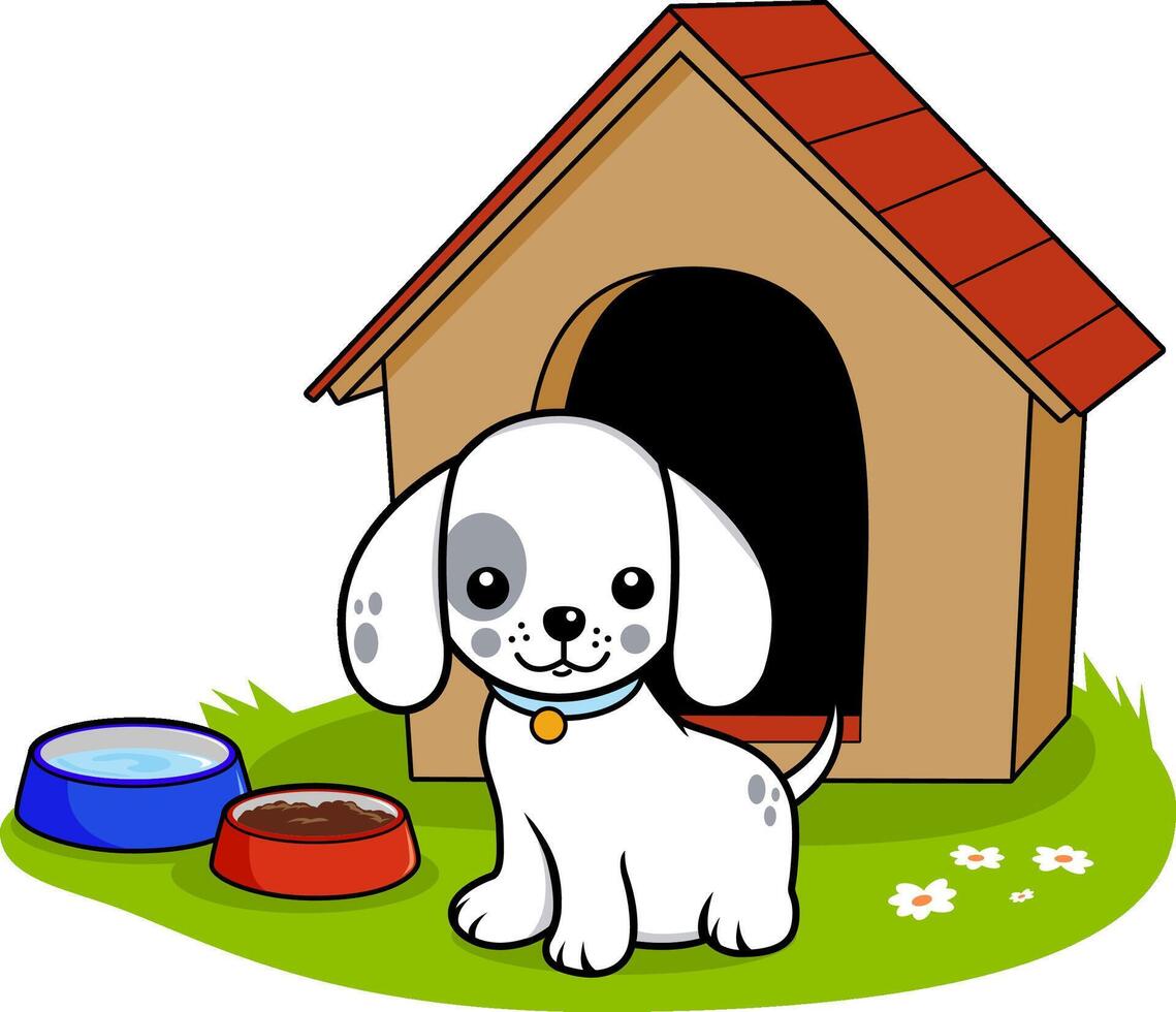 söt tecknad serie sällskapsdjur hund stående utanför hans Hytt Nästa till skålar av mat och vatten. valp karaktär på hans Hem i de trädgård. vektor