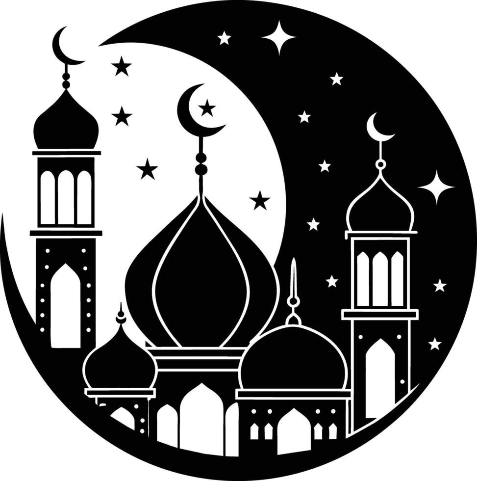 ein schwarz und Weiß Silhouette von ein Moschee mit ein Halbmond Mond vektor