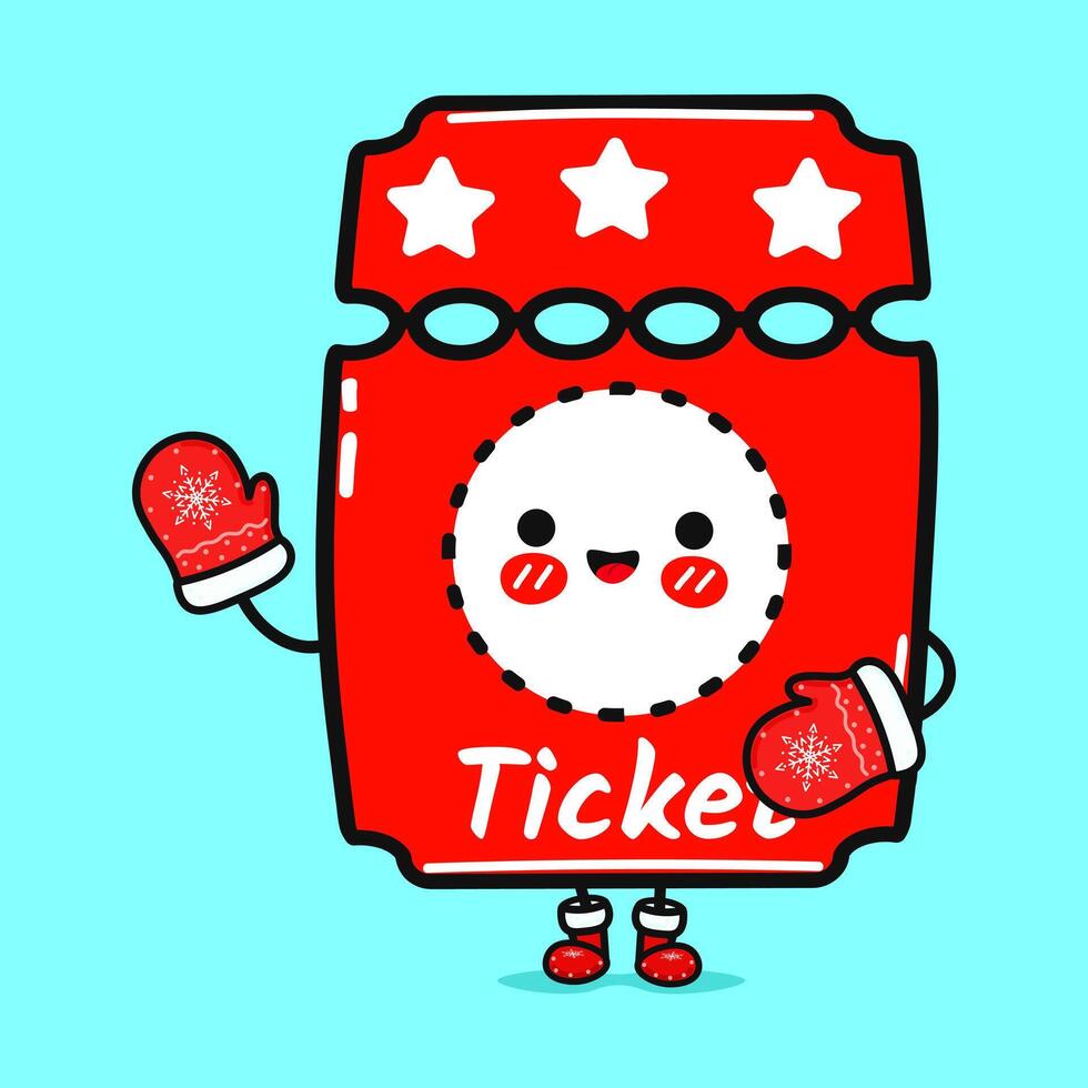 komisch lächelnd glücklich Kino Fahrkarte Weihnachten. eben Karikatur Charakter Illustration Symbol Design. isoliert auf Blau Hintergrund vektor