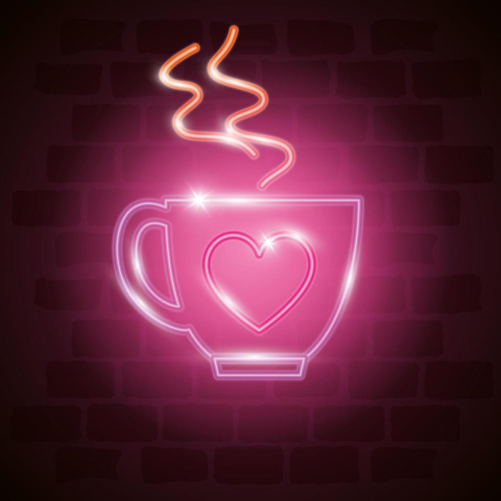 kopp kaffe i neonljus, alla hjärtans dag vektor