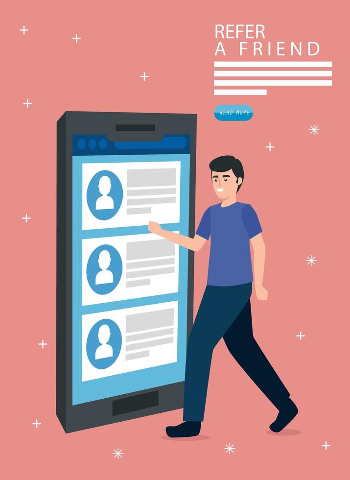 hänvisa en vän med man och smartphone vektor