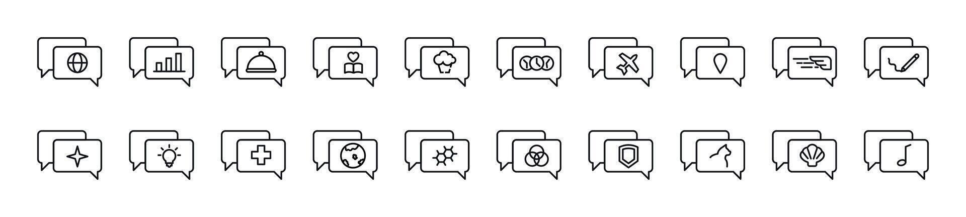 einstellen von dünn Linie Symbole von Rede Blase. editierbar Schlaganfall. einfach linear Illustration zum Netz Websites, Zeitungen, Artikel Buch vektor