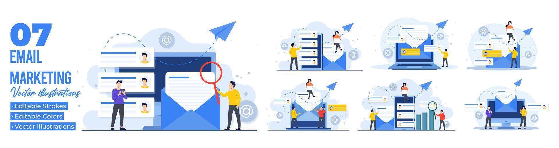 uppsättning av platt illustrationer av e-post marknadsföring koncept, uppkopplad företag strategi, reklam, e-post nyhetsbrev, meddelanden, marknadsföring material vektor