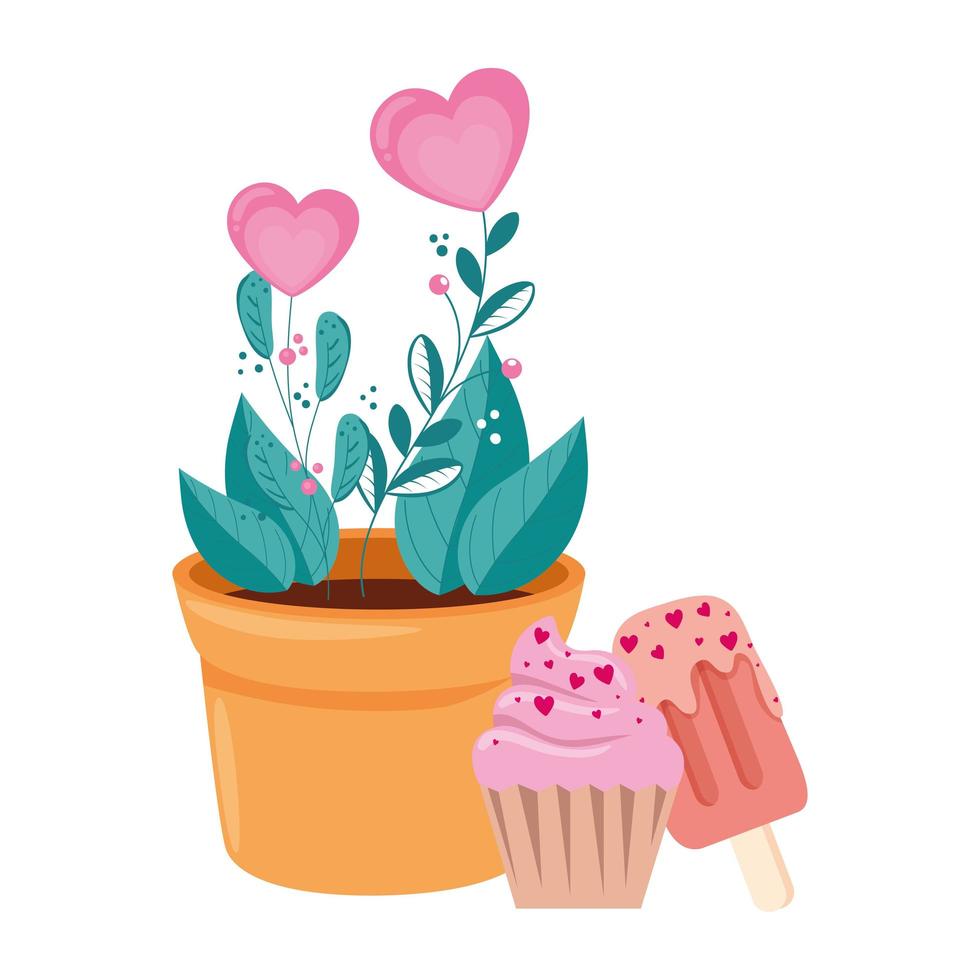 Blumen in Topfpflanze mit Cupcake und Eis am Stiel vektor