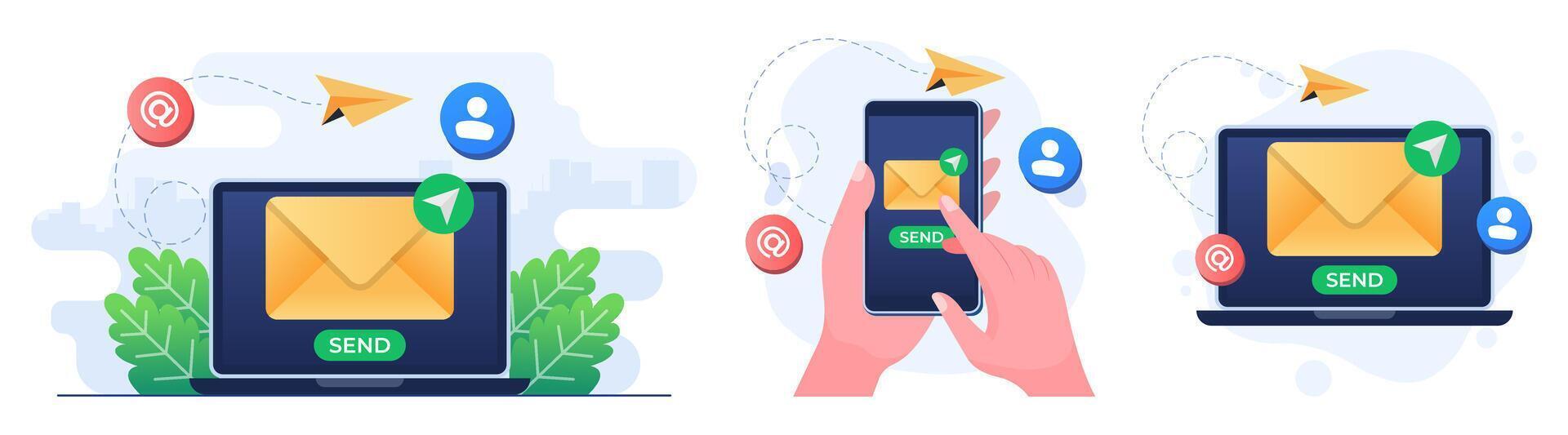 einstellen von eben Abbildungen von senden Email, Briefumschlag auf Gerät Bildschirm mit senden Taste, online Kommunikation, Digital Plaudern vektor