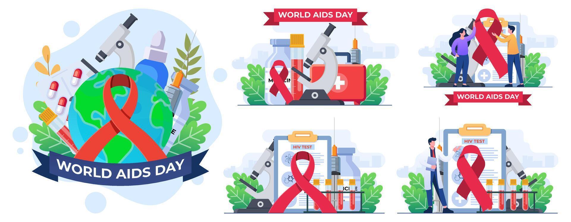 uppsättning av platt illustrationer av värld AIDS dag koncept, medicinsk doktorer med ett HIV testa rör är forska hjälpmedel, röd band till höja medvetenhet av de AIDS epidemi vektor