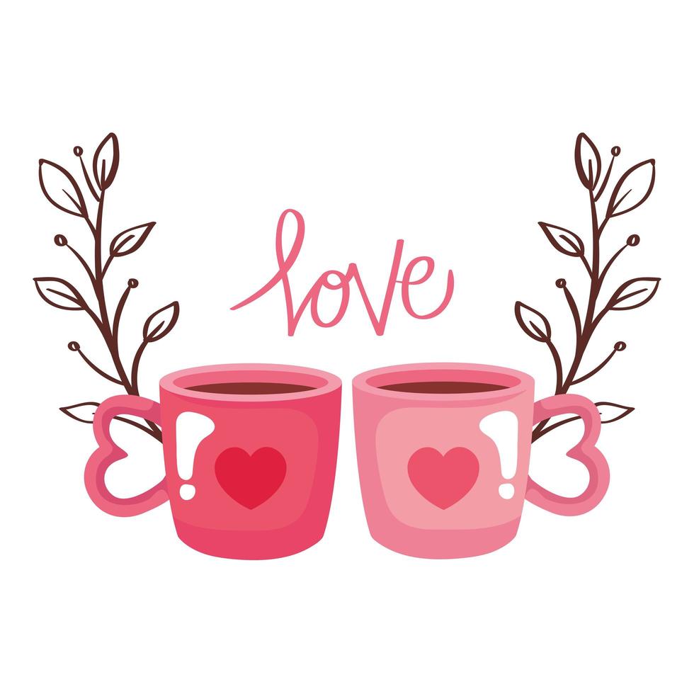 Tassen Kaffee mit Liebesschriftzug und Blättern vektor