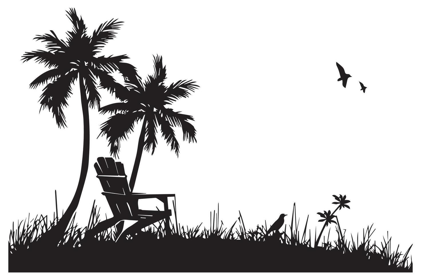 sommar scen med en strand stol med små handflatan träd, och sunbird strand tid, sommar semester svart silhuett vit bakgrund vektor