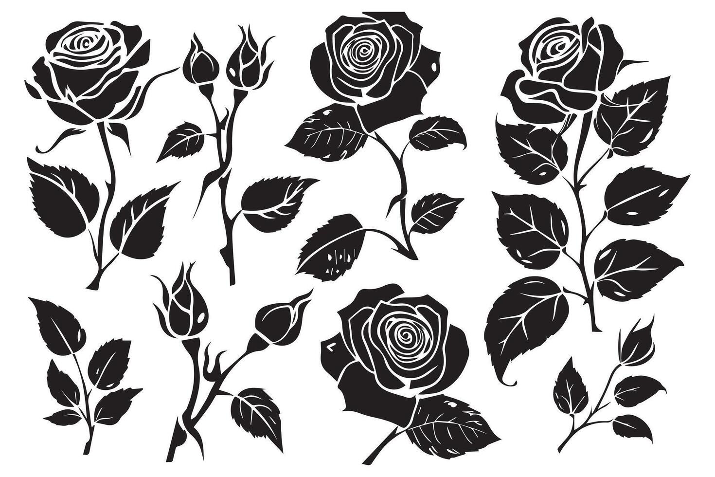 schwarz Schlampe einstellen von Rose mit Blätter Blume schwarz silhoutte Weiß Hintergrund vektor