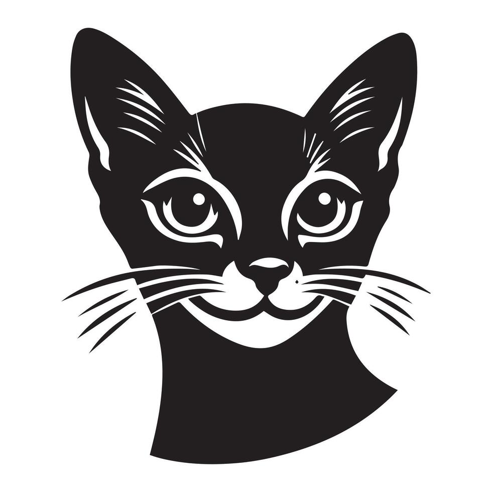 katt - en busig abessinier katt ansikte illustration i svart och vit vektor