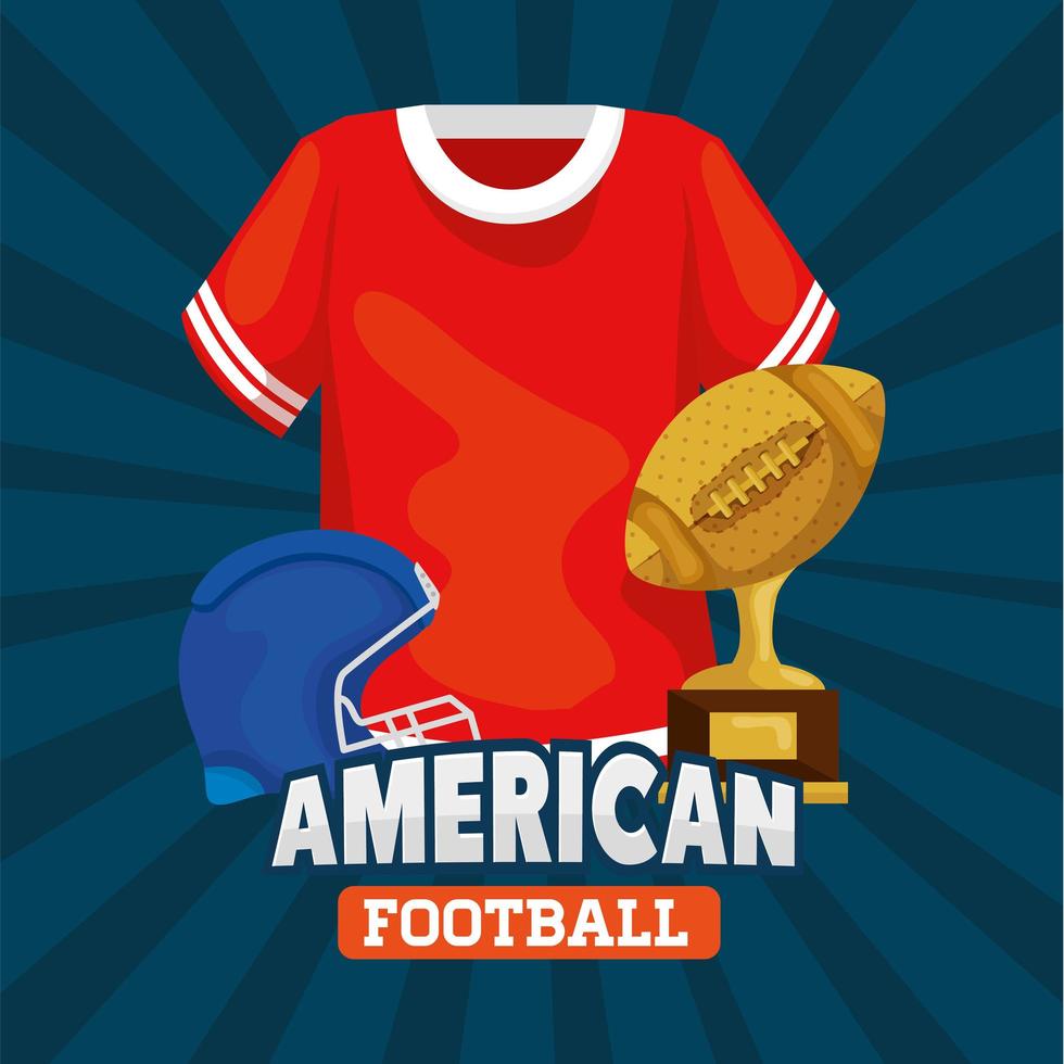 Poster des amerikanischen Fußballs mit Hemd und Symbolen vektor