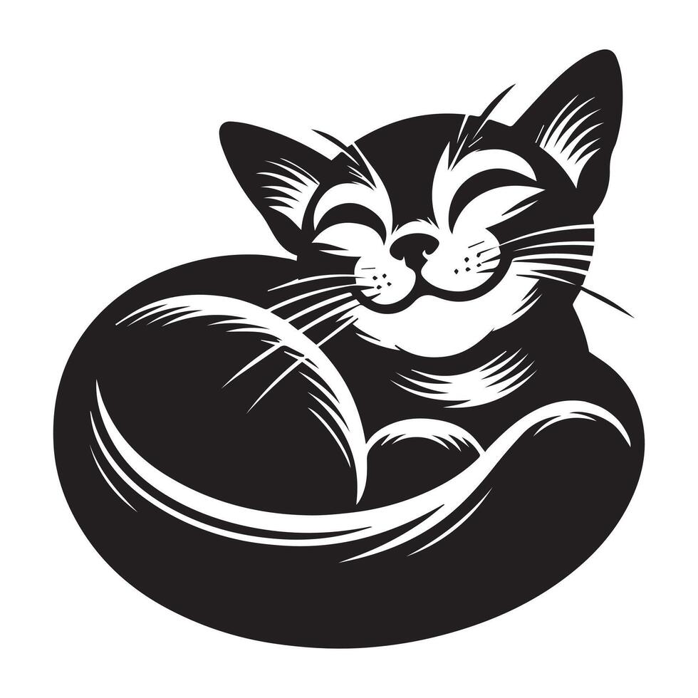 katt - en leende abessinier katt ansikte illustration i svart och vit vektor