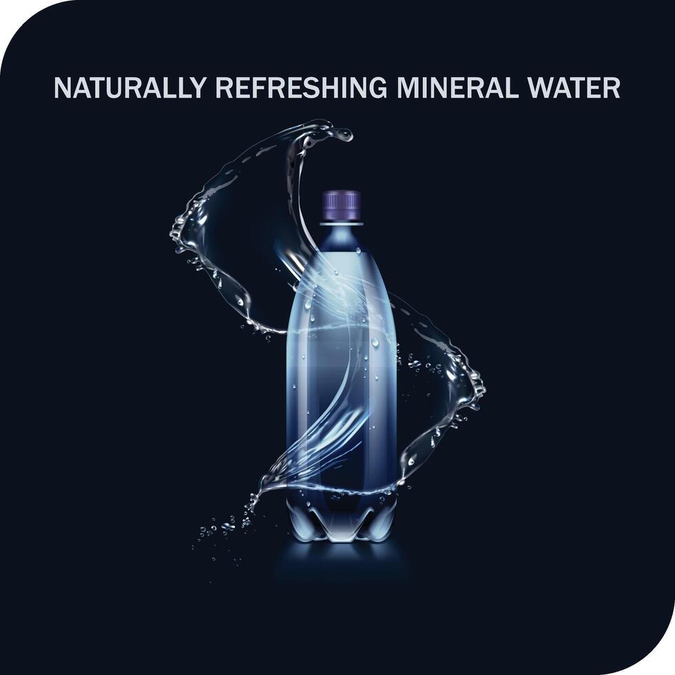 transparent realistisk mineral vatten plast flaska i vatten med vatten stänk och droppar på ljus bakgrund vektor