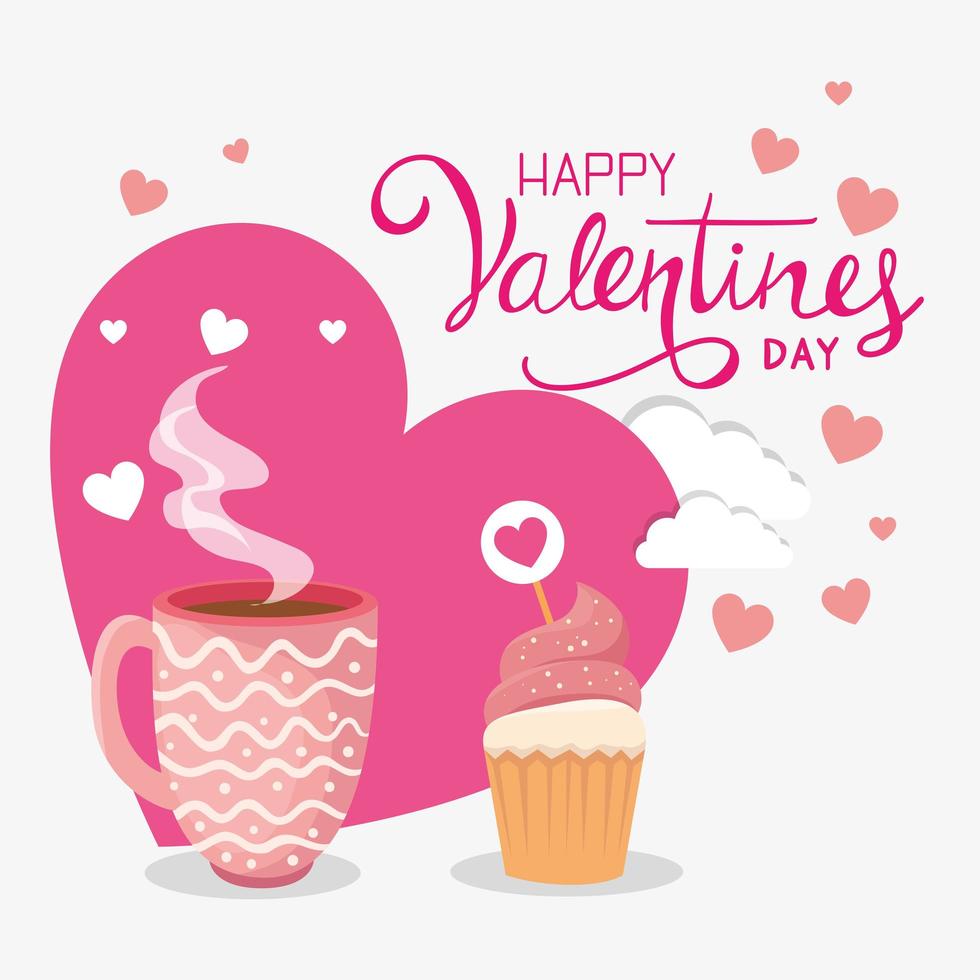 Alles Gute zum Valentinstag mit Cupcake und Dekoration vektor