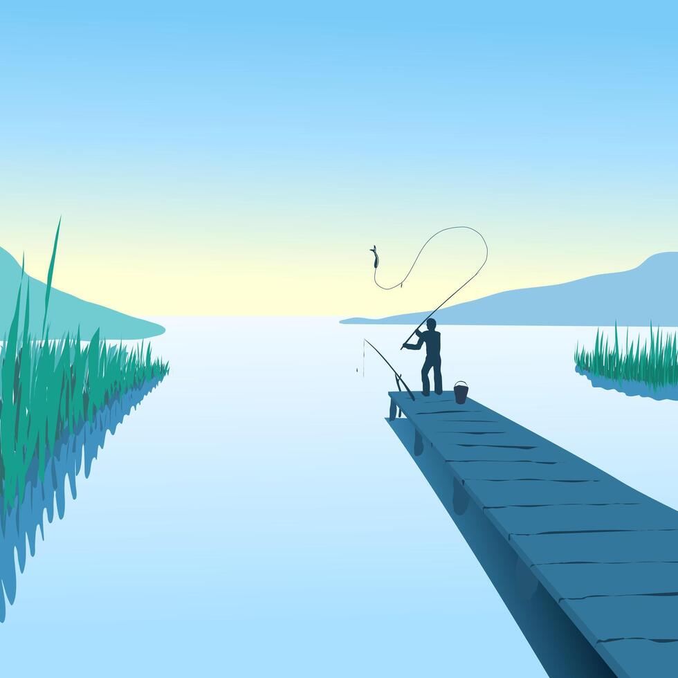ein Fischer auf das Ufer von das See gefangen ein Fisch mit ein Angeln Stange, ziehen es aus von das Wasser. Illustration früh Morgen auf ein groß See und ein Mann fangen ein Fisch. auf das Seiten von das vektor