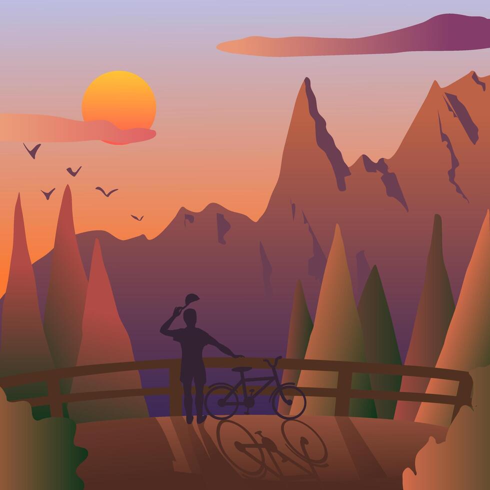 i natur i de berg, manlig cyklist beundrande de solnedgång medan stående Nästa till hans cykel. illustration baner värld cykel dag av de tredje av juni. de kväll skuggor av de fågel och vektor