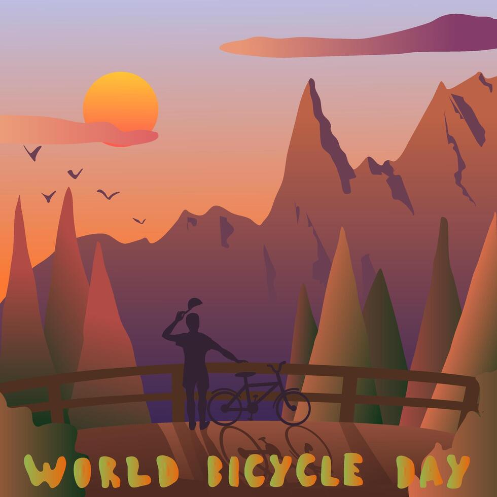 Welt Fahrrad Tag Beschriftung und Mann Mann Stehen durch Straße suchen beim Sonnenuntergang Über Berge. Illustration von ein Cliff ein Radfahrer sieht aus beim das Rahmen Sonne nehmen aus seine Deckel von seine Kopf. Dort vektor