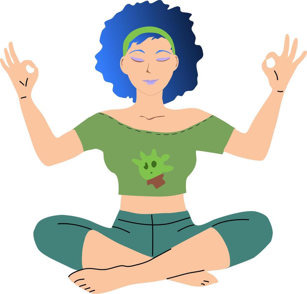 yoga flicka med kort blå hår och grön t-shirt i meditativ utgör. illustration flicka är engagerad i henne tecknad serie utan stroke och stroke. de vapen är Uppfostrad och de tummen med de index vektor