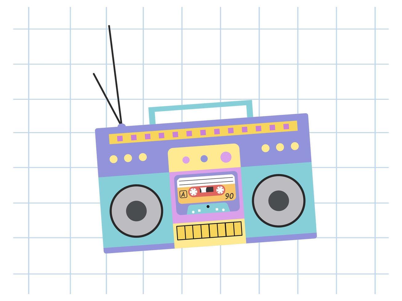 klassisch j2k, 90er Jahre und 2000er ästhetisch. eben Stil retro Ghettoblaster, Audio- Recorder, Jahrgang Element. handgemalt Illustration auf Hintergrund von kariert Notizbuch Blatt. vektor