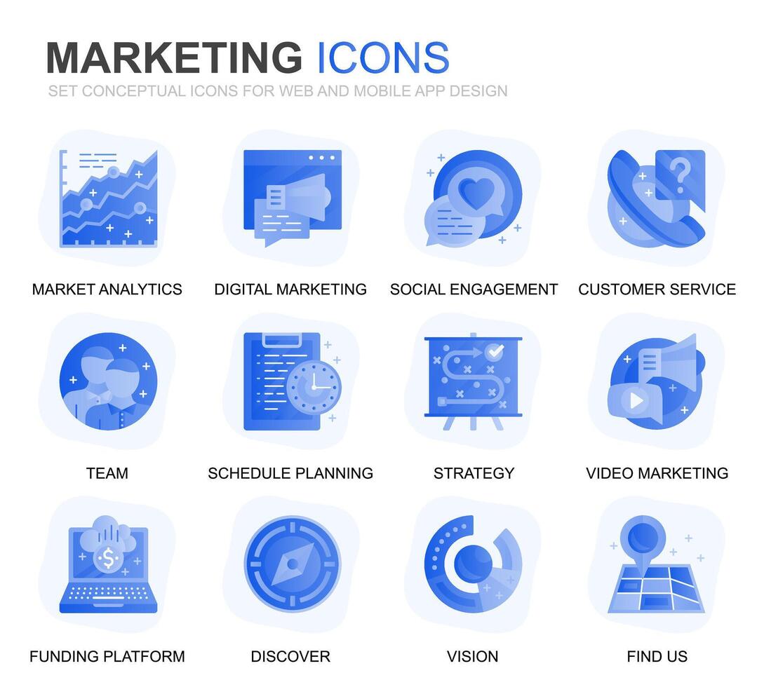 modern uppsättning företag och marknadsföring lutning platt ikoner för hemsida och mobil appar. innehåller sådan ikoner som syn, uppdrag, planera, marknadsföra. konceptuell Färg platt ikon. piktogram packa. vektor