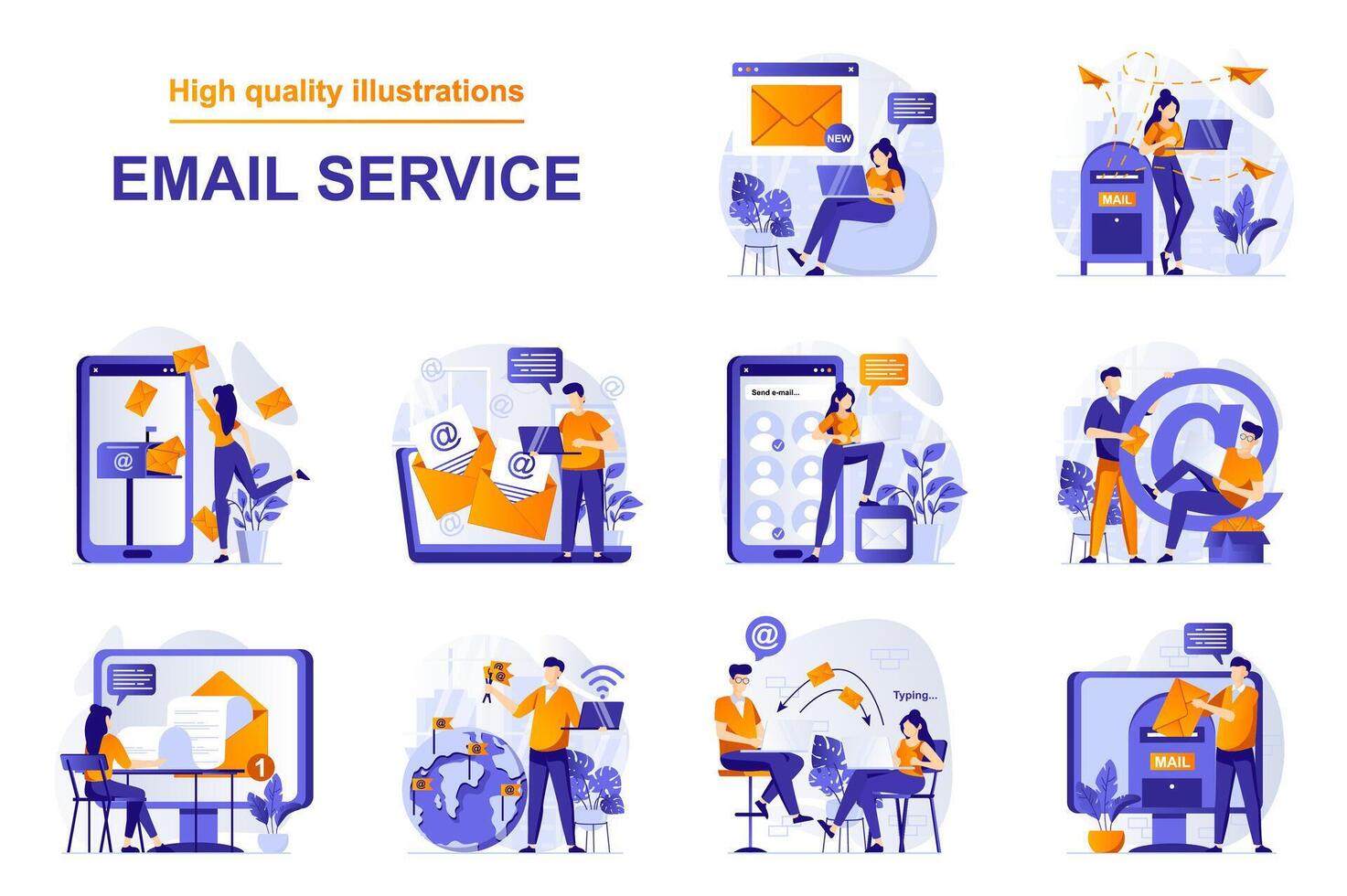 e-post service webb begrepp med människor scener uppsättning i platt stil. bunt av uppkopplad kommunikation program, sändning och tar emot meddelanden, promo nyhetsbrev. illustration med karaktär design vektor