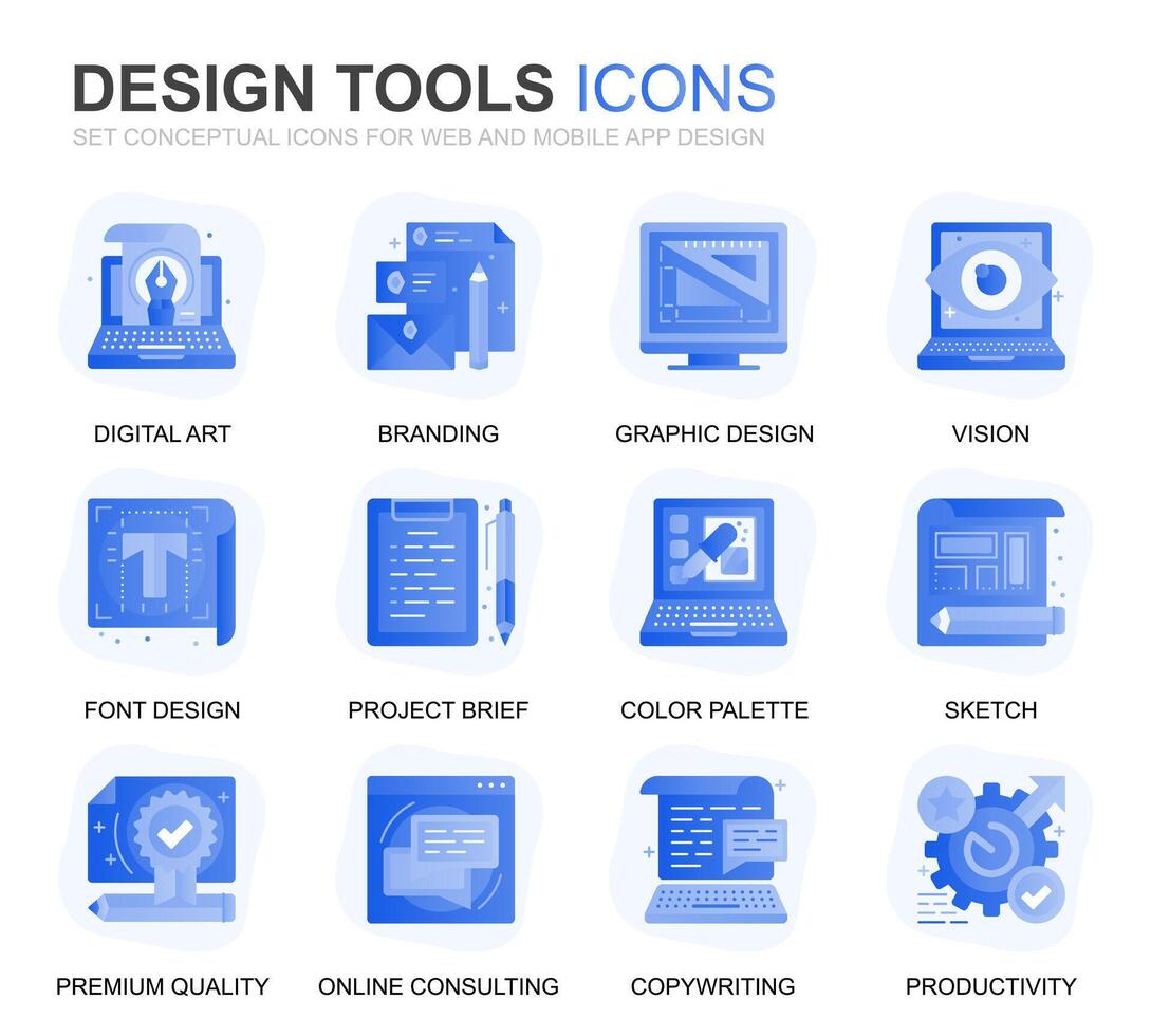 modern uppsättning design verktyg lutning platt ikoner för hemsida och mobil appar. innehåller sådan ikoner som kreativ, utvecklande, precision, syn, skiss. konceptuell Färg platt ikon. piktogram packa. vektor