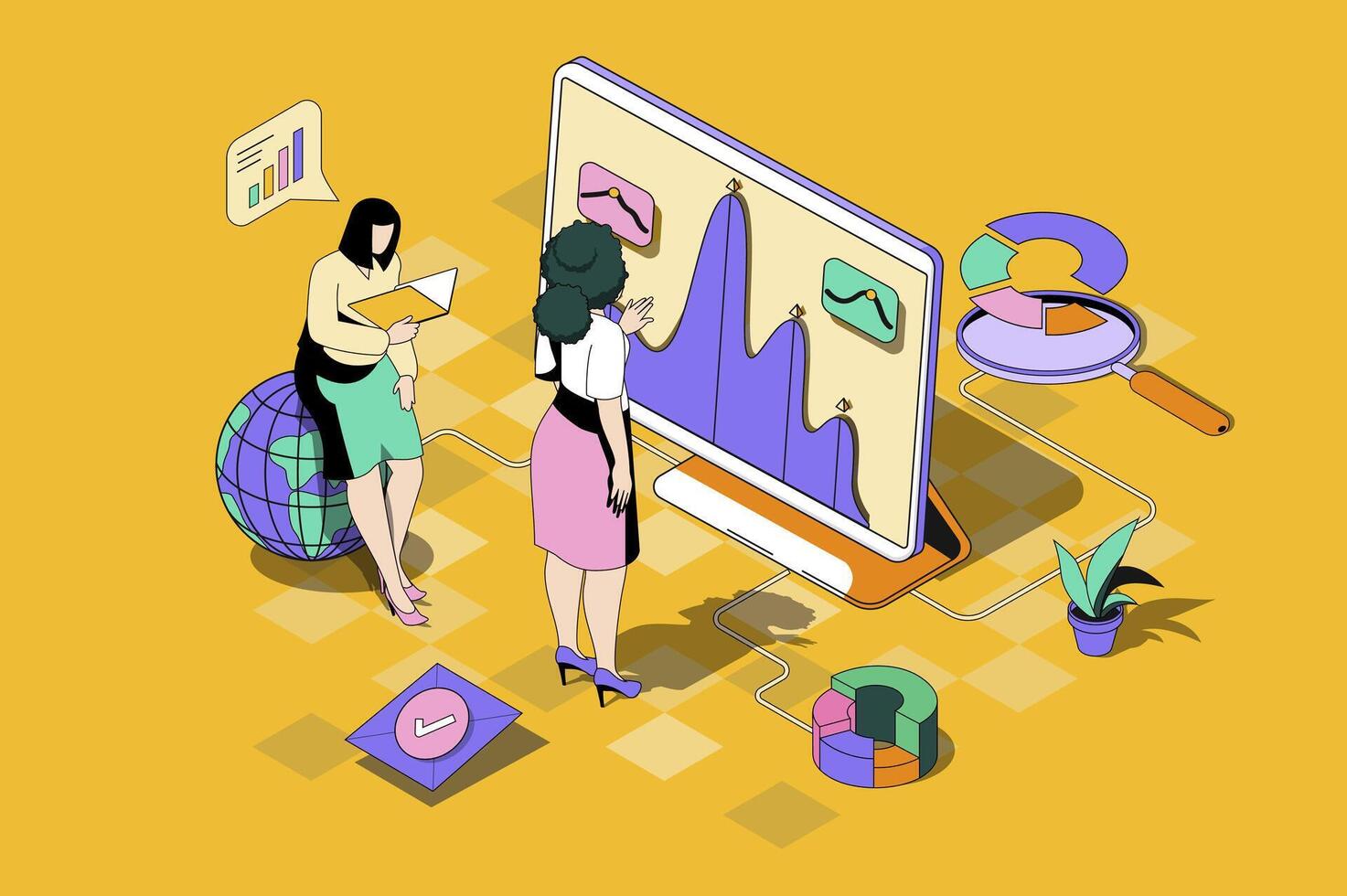 Daten Analyse Netz Konzept im 3d isometrisch Design. Frauen Herstellung Statistik Analysieren auf Bildschirm mit Diagramme und Diagramme von Der Umsatz und finanziell Bericht. Netz Illustration mit Menschen Isometrie Szene vektor