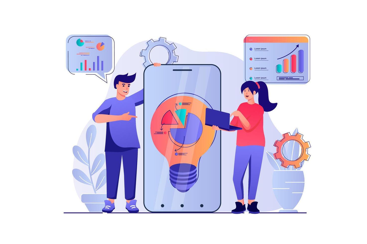 Geschäft Idee Konzept mit Menschen Szene. Mann und Frau generieren Neu Ideen, Analysieren Daten im Anwendung, sich entwickeln Erfolg Strategie zum Neu Projekt. Illustration mit Zeichen im eben Design zum Netz vektor