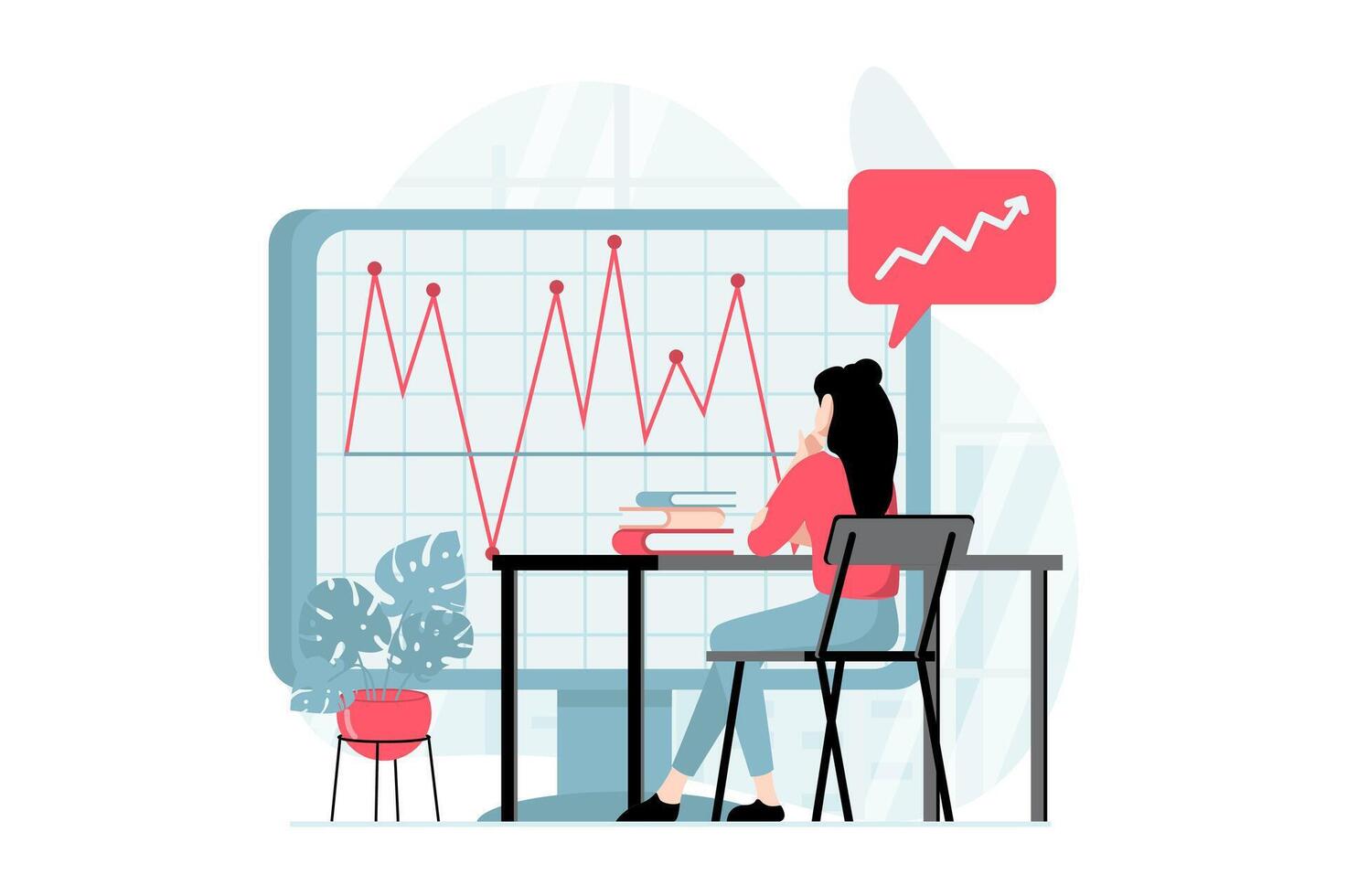 data analys begrepp med människor scen i platt design. kvinna Arbetar med Diagram, studier marknadsföra trender, framställning företag granska och finansiell Rapportera. illustration med karaktär situation för webb vektor