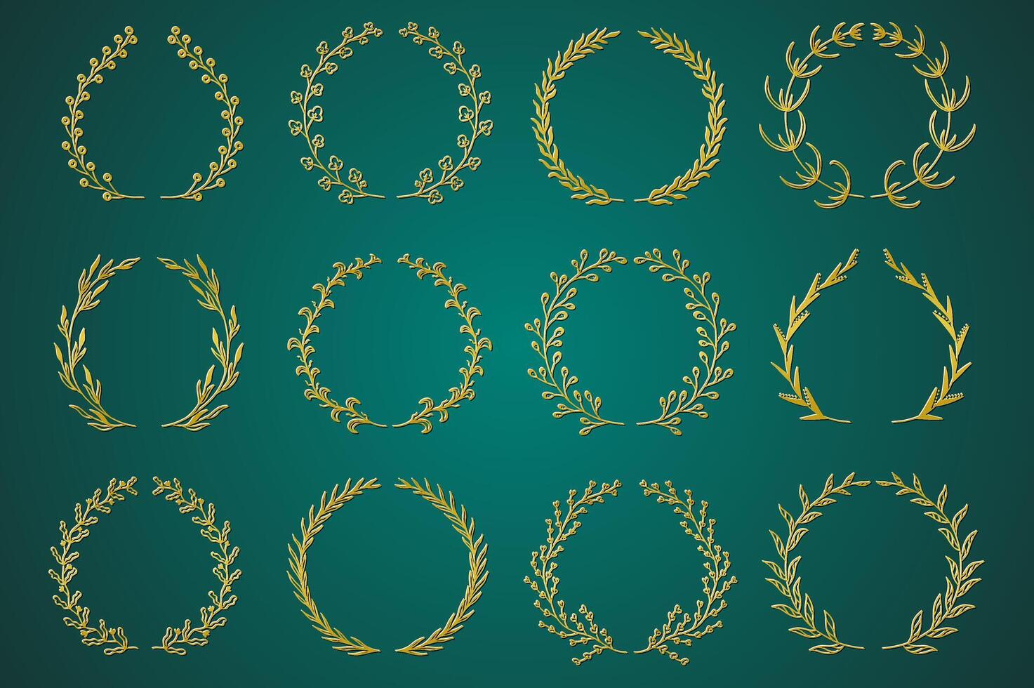 guld dekorativ gren kransar uppsättning i hand dragen design. laurel löv krans och dekorativ gren bunt. botanisk översikt dekor av örter, kvistar, kvistar och växter element. dekoration. vektor