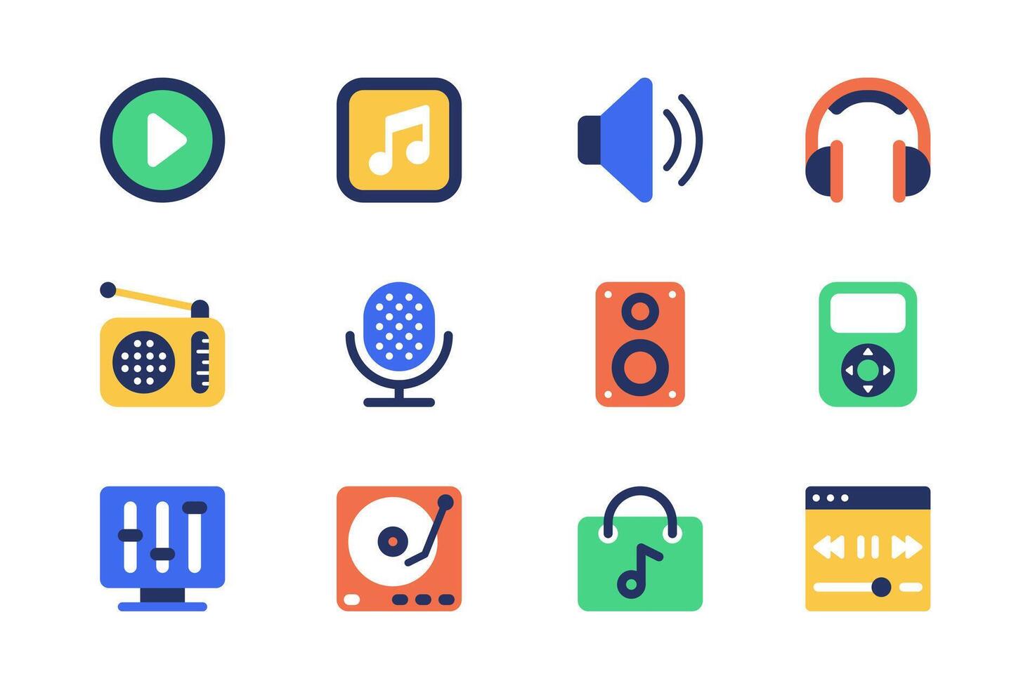 musik och radio station begrepp av webb ikoner uppsättning i enkel platt design. packa av audio, spela, notera, volym, hörlurar, mikrofon, högtalare, spelare, utjämnare och Övrig. piktogram för mobil app vektor
