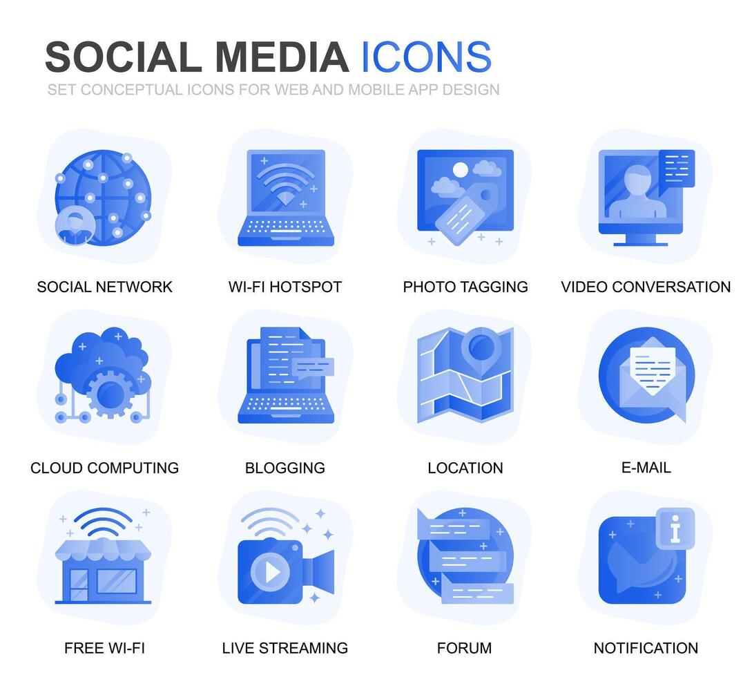 modern einstellen Sozial Medien und Netzwerk Gradient eben Symbole zum Webseite und Handy, Mobiltelefon Anwendungen. enthält eine solche Symbole wie Benutzerbild, Emoji, chatten, Likes. konzeptionelle Farbe eben Symbol. Piktogramm Pack. vektor