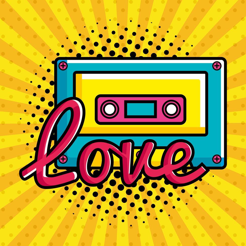 kassett musik med kärlek bokstäver popkonst stilikon vektor