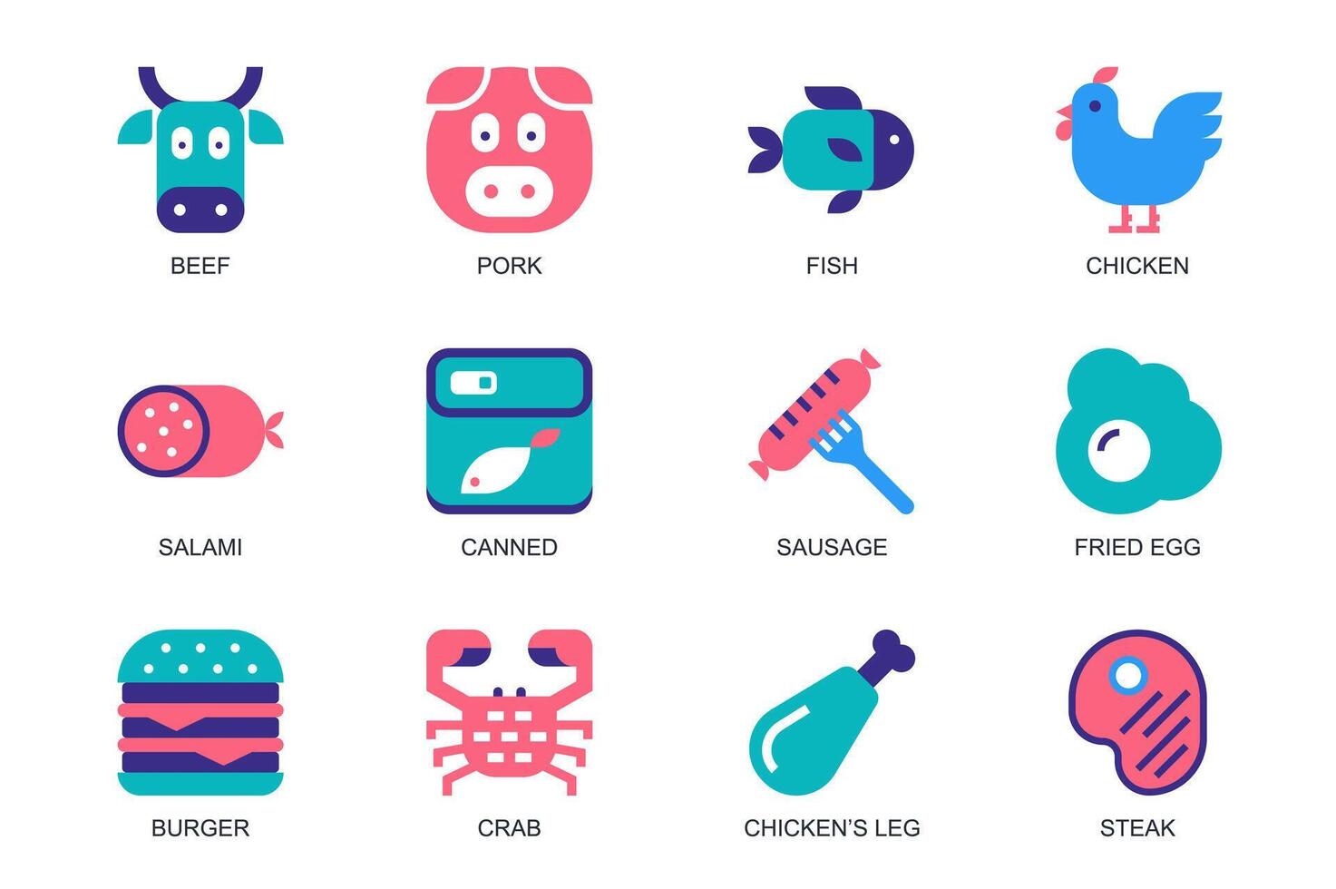 kött, fisk och fjäderfän begrepp av webb ikoner uppsättning i enkel platt design. packa av nötkött, fläsk, kyckling, salami, konserverad mat, korv, friterad ägg, hamburgare, krabba och Övrig. piktogram för mobil app vektor