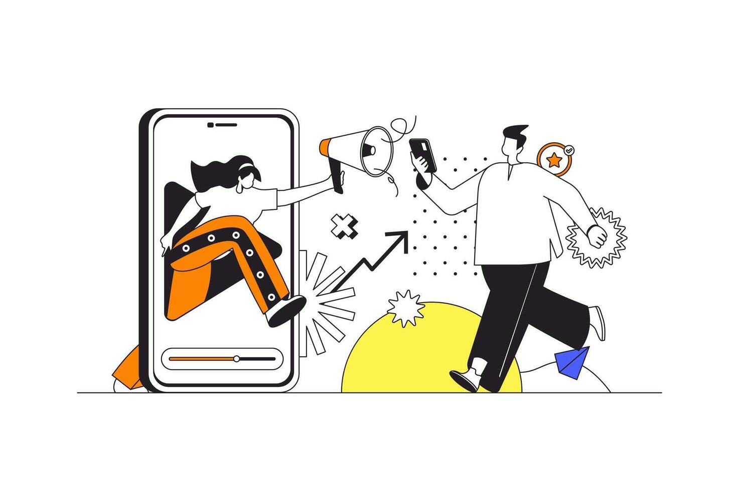 Handy, Mobiltelefon Marketing Netz Konzept im eben Gliederung Design mit Figuren. Frau mit Megaphon Herstellung Werbung Kampagne im Anwendungen und anlocken Neu Kunden, Menschen Szene. Illustration. vektor