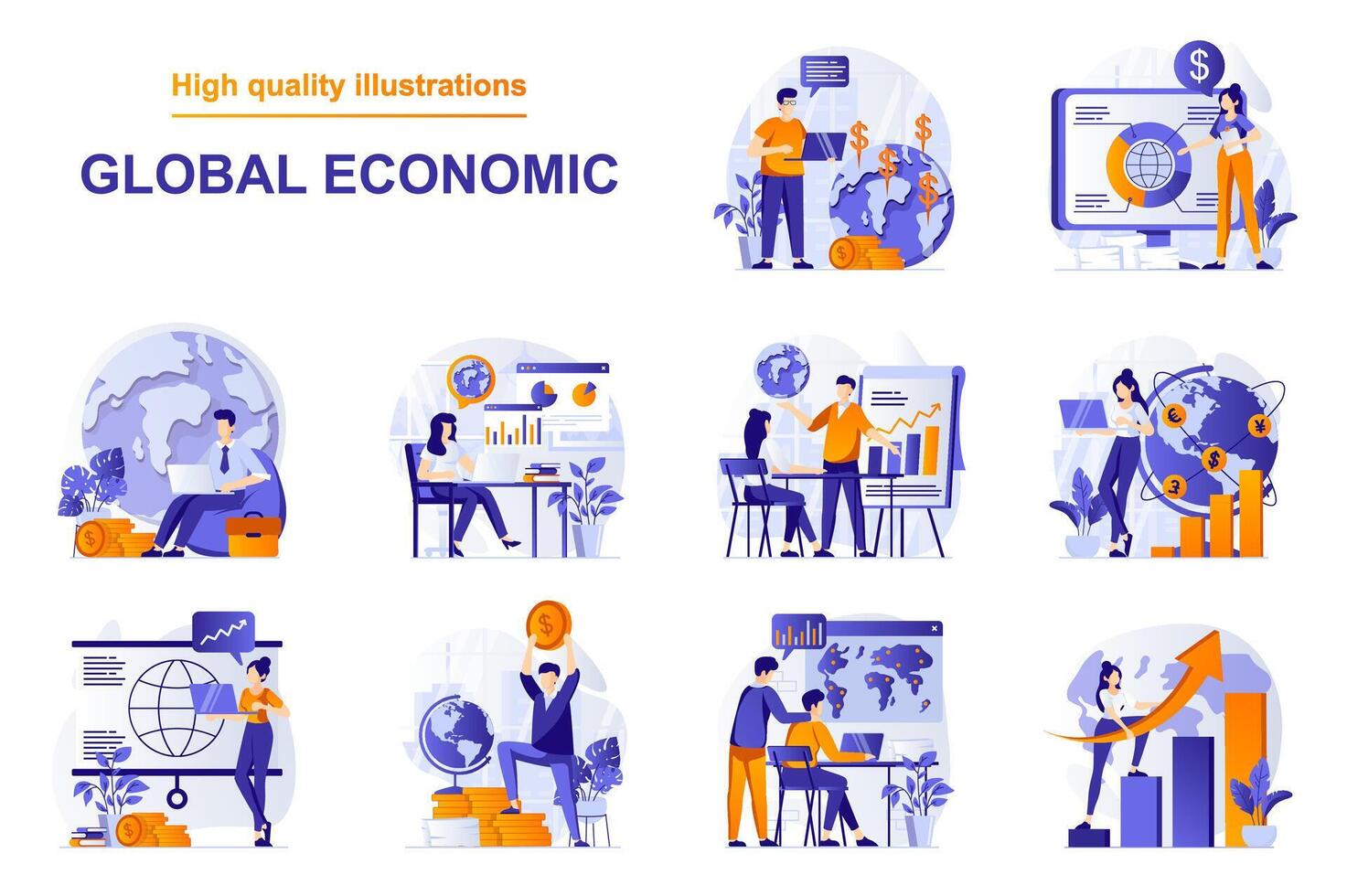 global ekonomisk webb begrepp med människor scener uppsättning i platt stil. bunt av värld marknader forskning, finansiell statistik, utvecklande internationell företag. illustration med karaktär design vektor