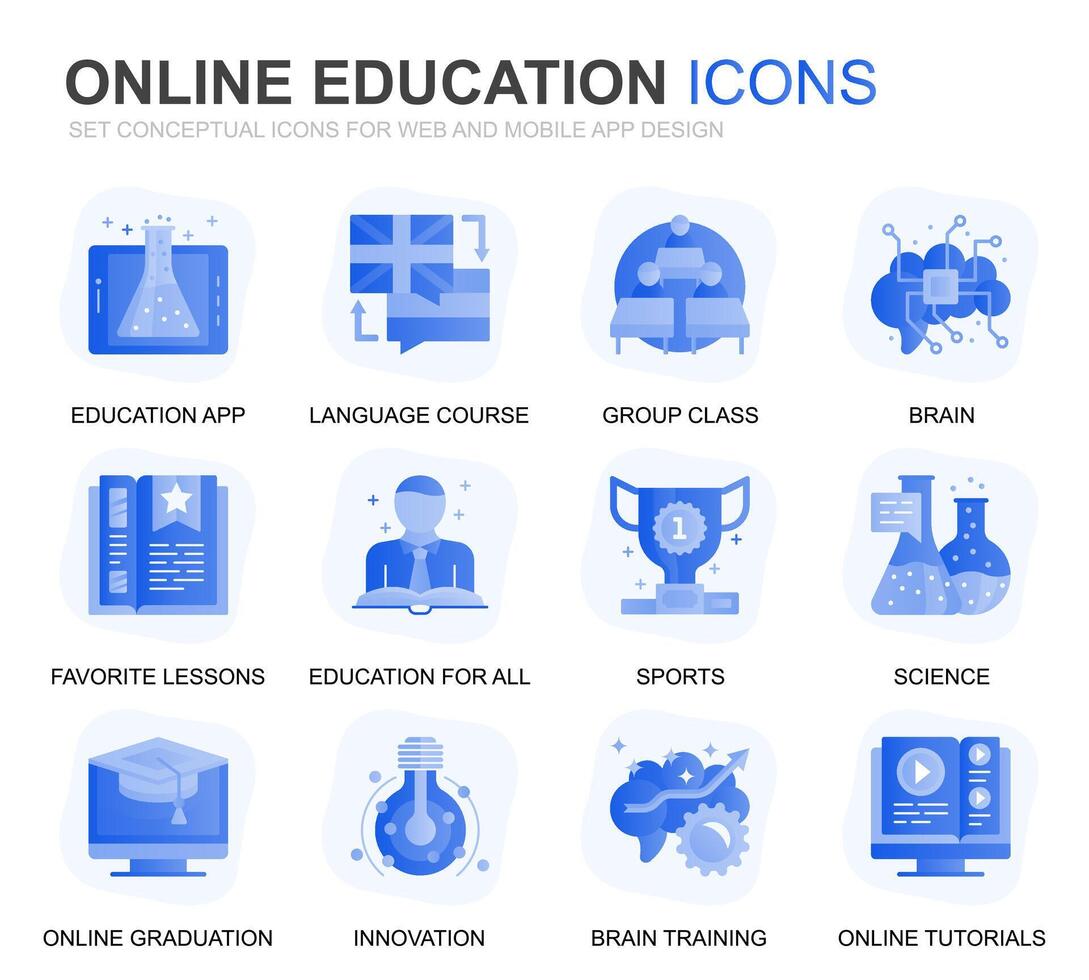 modern uppsättning utbildning och kunskap lutning platt ikoner för hemsida och mobil appar. innehåller sådan ikoner som studerar, skola, gradering, e-bok. konceptuell Färg platt ikon. piktogram packa. vektor